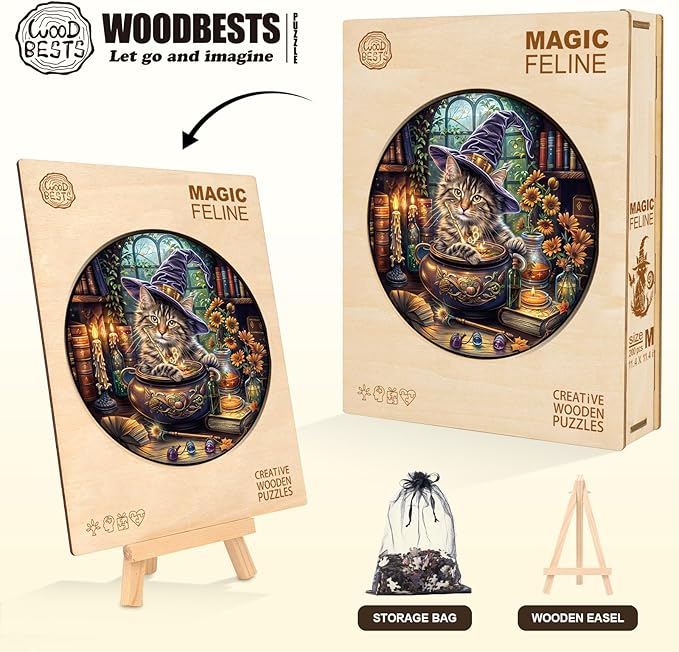 KAAYEE Wooden Puzzles for Adults, Magic Feline Cat Wooden Jigsaw Puzzle 450 PCS Unique Shape Wood Puzzle Adult, 3D Effect Flat Puzzle Birthday Family Game (XL-17.3 * 17.3in)