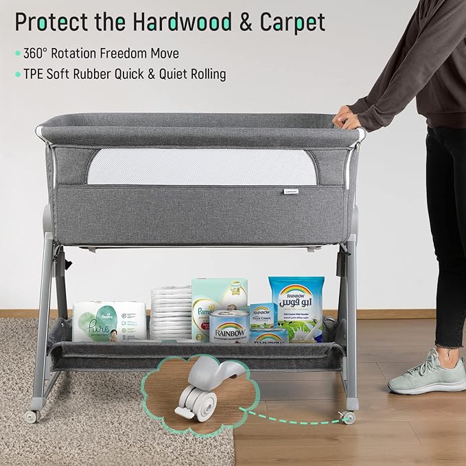 Cowiewie Bassinet Bedside Sleeper, Baby Bassinet with 7 Adjustable Height, Bedside Bassinet for Baby with Storage, Breathable Mesh & Mattress, Portable Bassinet Easy Folding (Pyramid Dark Gray)