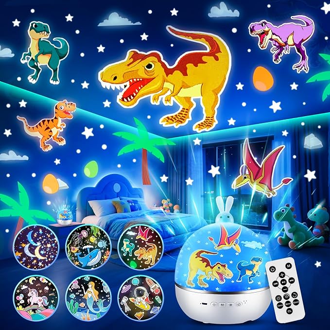 One Fire Dinosaur Night Light Projector, with 15 Films & Bluetooth Music and Remote-Controlled Dino Night Light, Rechargeable Star Projector for Kids, Dino Decor Dinosaur Gifts for Boys.