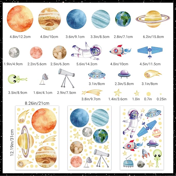Watercolor Solar System Wall Decals, Glow in The Dark Stars, Kids Planets Sticker for Ceiling, Astronaut Wall Stickers for Bedroom, Blue