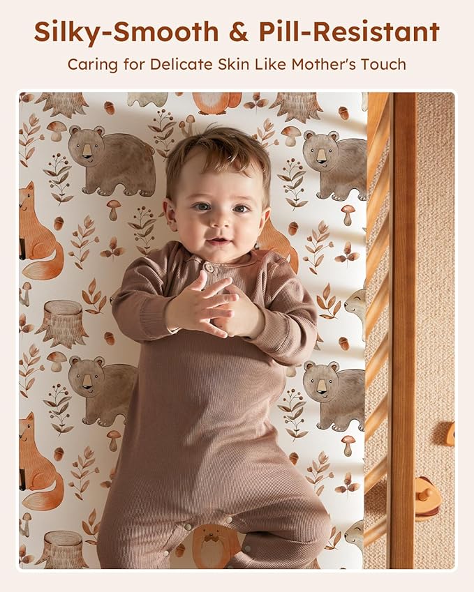 Pack and Play Sheets Fitted 3 Pack, Mini Crib Sheets for Pack N Play Mattress Stretchy Portable Playard Sheets, Soft Breathable Green & Brown Fox