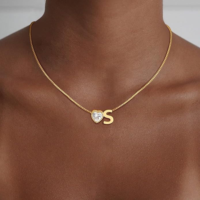 Christmas Gifts Gold/Silver Heart Initial Necklaces for Women Girls Teens Kids Non Tarnish 14k Gold Plated Letter Heart Zirconia Pendant Necklace Dainty Initial Name Necklace Jewelry for Women