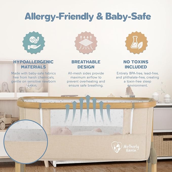 Baby Bassinet Bedside Sleeper, Portable Crib for Newborns, Adjustable 7-Height Auto-Lock, with Wheels, Soft Mattress & Breathable Mesh (Beige)