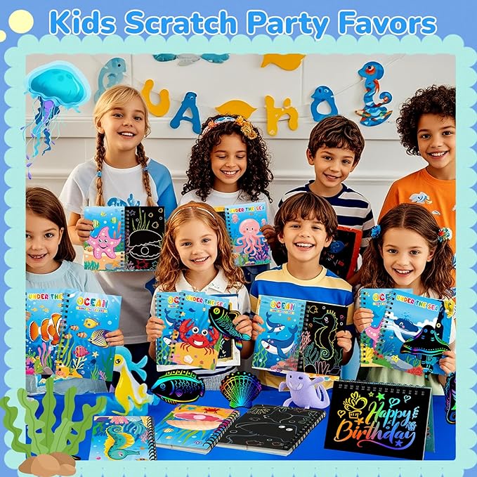 12 Pack Under the Sea Scratch Art Party Favors for Kids - Rainbow Scratch Paper with Ocean Animals Scratch Off Cards Easter Birthday Goodie Bags Stuffers - Return Gifts DIY Classroom Prizes