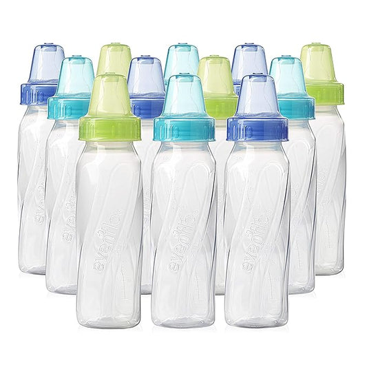 Evenflo Feeding Classic Clear Plastic Standard Neck Bottles for Baby, Infant and Newborn - Teal/Green/Blue, 8 Ounce (Pack of 12)