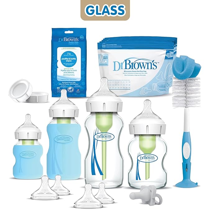 Dr. Brown's Natural Flow Anti-Colic Options+ Wide-Neck Glass Baby Bottle Starter Set with 100% Silicone Glass Bottle Sleeves, Baby Bottle Brush, Prevent Pacifier and Pacifier and Bottle Wipes