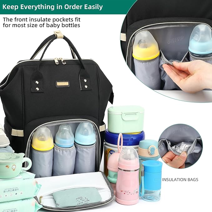 Diaper Bag Backpack, Diaper Bags for Baby Girls Boys, Baby Bags for Moms Dads, Nappy Changing Bag with Insulated Pockets,Multi-functional Waterproof Backpack with Stroller straps-Black