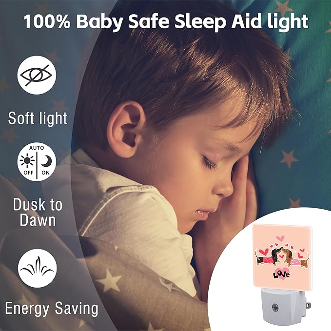 Valentine's Day Dachshund Dogs Night Light for Kids, Two Love Dachshunds Night Light Plug in with Dusk to Dawn Sensor,0.5w Energy Saving Nightlight for Hallway Stairway Kitchen Bedroom