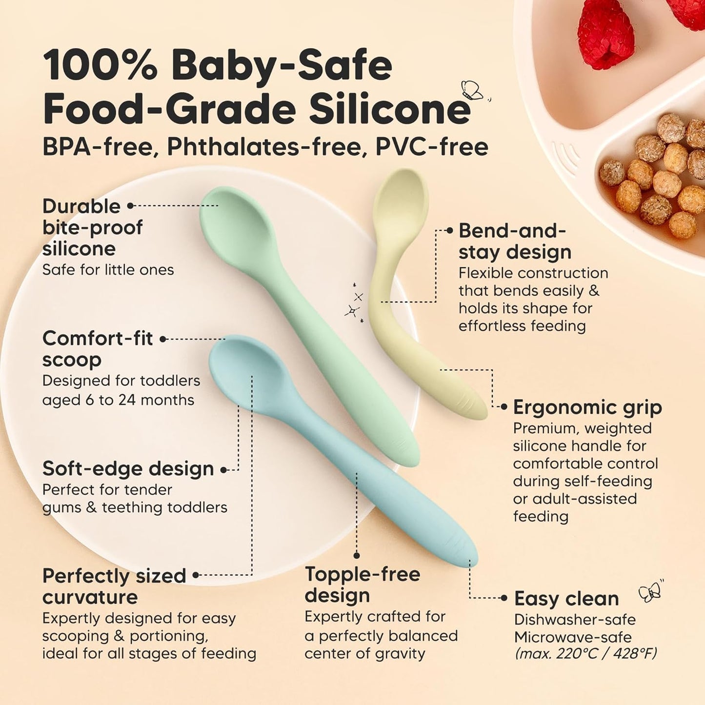 KeaBabies Silicone Baby Spoons, Self Feeding 6-12 months - 3-Pack Baby Weaning Eating Utensils,Toddler First Food Training Spoon,Infant,Kids Feeding Supplies Essential Set,Dishwasher-safe (Pastel Sky)