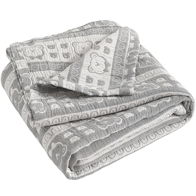 NTBAY 3 Layer Oversized Muslin Cotton Toddler Blanket, Jacquard Reversible Nursery Bed Blanket, Super Soft and Thermal for All Seasons, Baby Gift, 45"x60", Dark Grey Bear