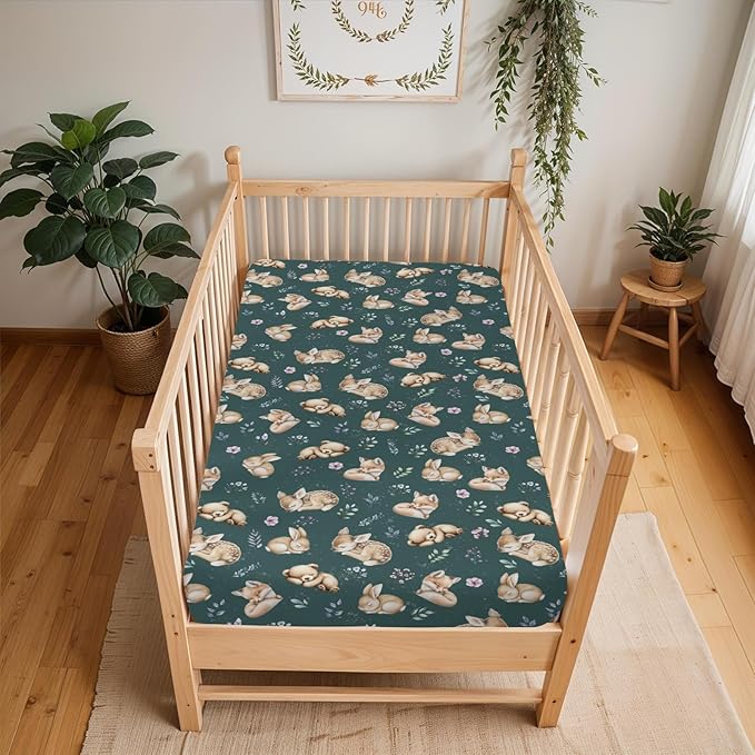 Sleeping Spring Animals Baby Crib Sheets Boy Girl 28"x52" Bear Deer Bunny Floral Leaves Soft Snug Fitted Crib Mattress Cover Cute Animals Baby Sheet for Standard Crib & Toddler Mattress