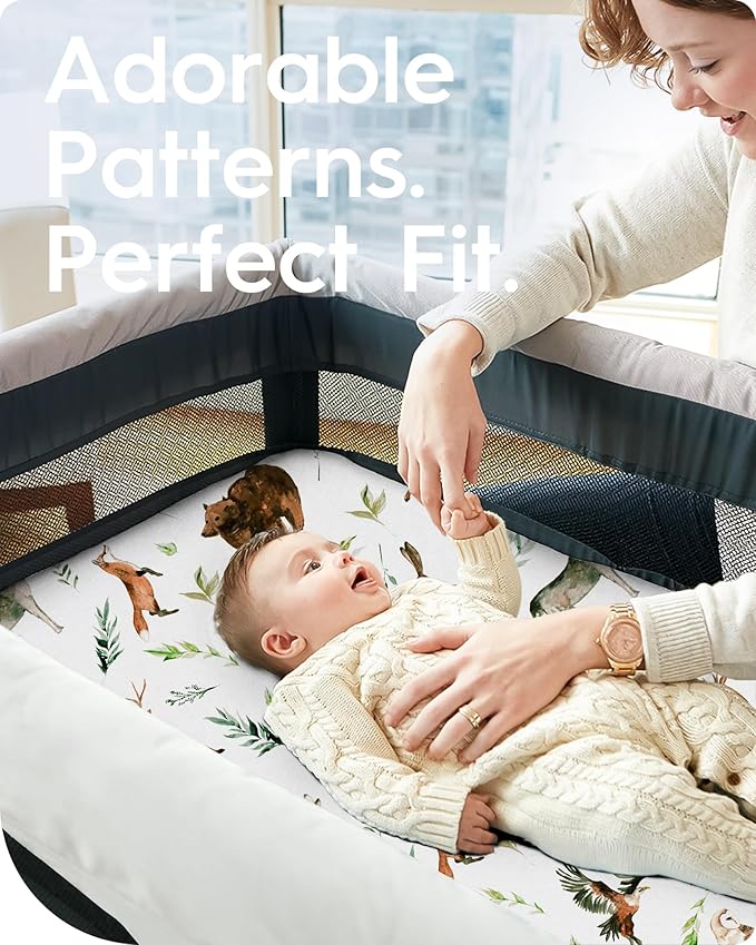 Pack N Play Sheets Fitted, TotBasic Ultra Soft Woodland Mini Crib Sheets, Premium Jersey Knit Pack and Play Sheets, Stretchy Neutral Play Yard Sheets for Pack and Play Mattress, 2 Pack (Animal Safari)