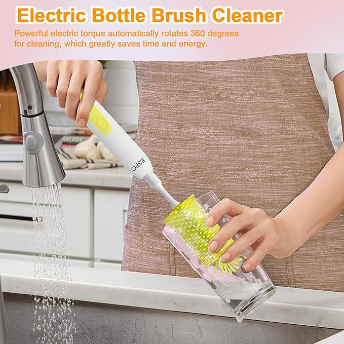 Portable Electric Baby Bottle Brush Set with Electric Bottle Brush,Nipple/Straw Brush,Milk Frother and Drying Base,Waterproof IPX7,Rechargeable Travel Bottle Cleaning Kit,Yellow