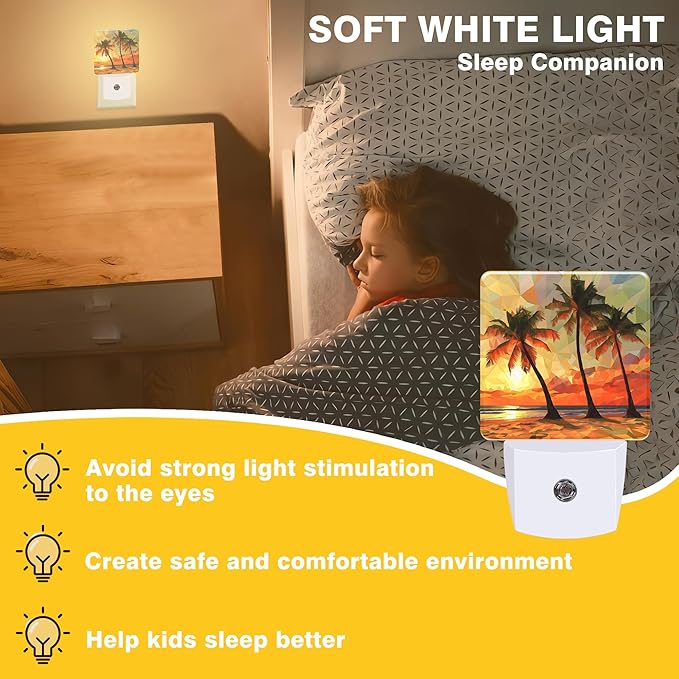 Palm Trees at Sunset Night Light, Beach Plug-in Nightlight with Dusk to Dawn Auto Sensor for Home Bedroom Hallway Kitchen 0.5W Sleep Friendly Led Lamp for Women Men