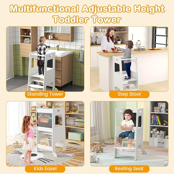 INFANS Toddler Standing Tower, Kids Montessori Kitchen Step Stool Helper with 2 Adjustable Height Learning Blackboard Safety Rail Wooden, Anti-Slip Mats, 1-3 Year Old Boy Girl Gifts (White)