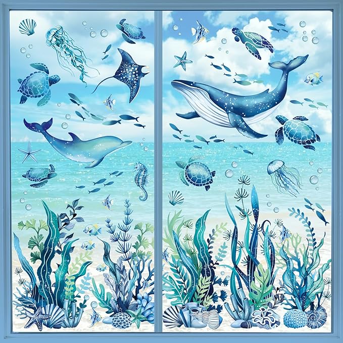 decalmile Under The Sea Marine Animal Double Sided Window Clings Seaweed Sea Animal Whale Turtle Fish Anti-Collision Glass Doors Window Stickers Decals