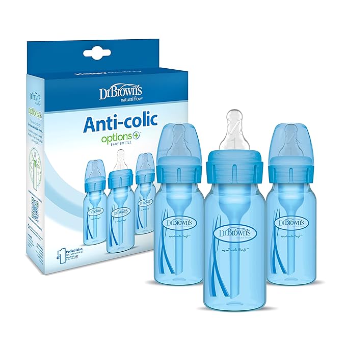 Dr. Brown's Natural Flow Anti-Colic Options+ Narrow Baby Bottles 4 oz/120 mL, with Level 1 Slow Flow Nipple, 3 Pack, 0m+ Blue