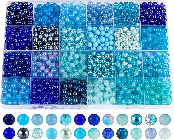 XSEINO About 1200PCS 6mm Glass Beads Bracelet Making Kit,24 Assorted Dreamy Blue Ocean Series Colorful Crystal Beads for Bracelet and Jewelry Making and DIY Crafts,Friendship Bracelets