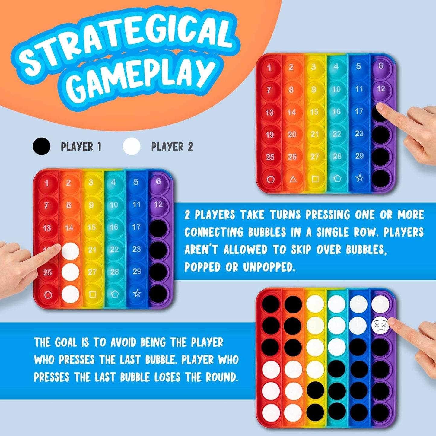 Push Pop Bubble Fidget Sensory Toy, 4-Pack, Square, 5 x 5 Inches, Rainbow, Numbers and Alphabets, Party Favors