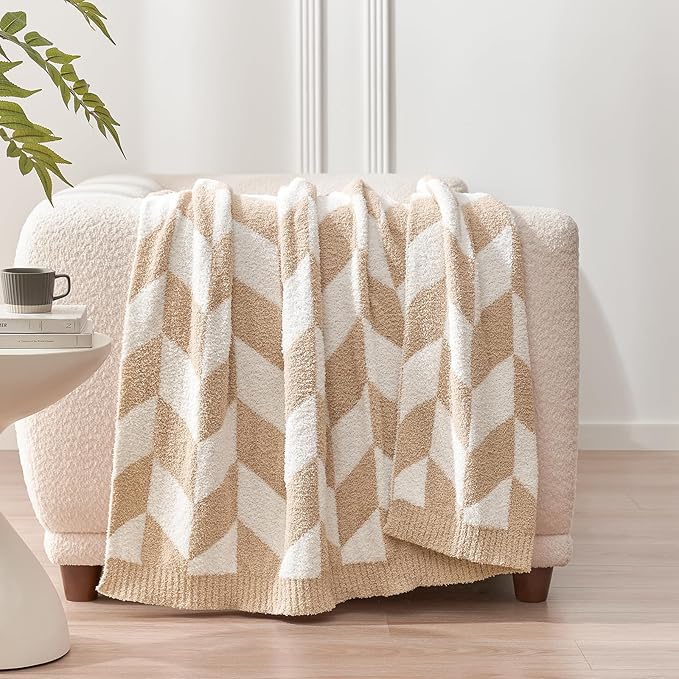 Snuggle Sac Chevron Throw Blanket for Couch, Reversible Super Soft Warm Blankets Cozy Knit Fuzzy Plush Lightweight Throws for Sofa, Bed, Camping, Beige,50x60 inches
