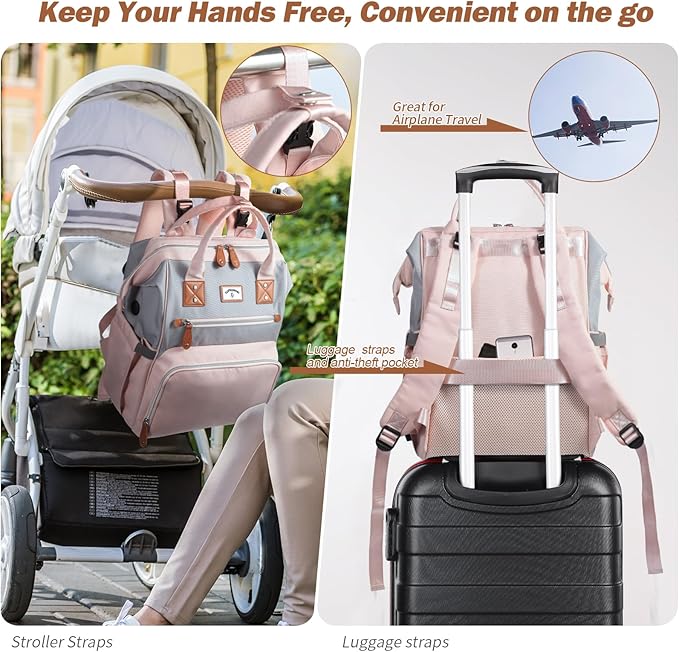 Diaper Bag Backpack: Tote Baby Bag for Boy and Girl, Large Mommy Bag Insulated Pockets Charger Holes for Men and Women, Nappy Bag for Baby Airplane Traveing Pink Gray