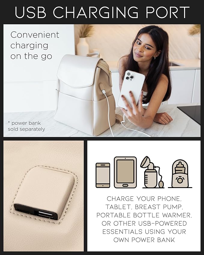 MIA + SOPHIA Leather Diaper Bag Backpack with USB Charging port, Changing Pad, Stroller Straps, and Bottle Holder (Beige Olivia)