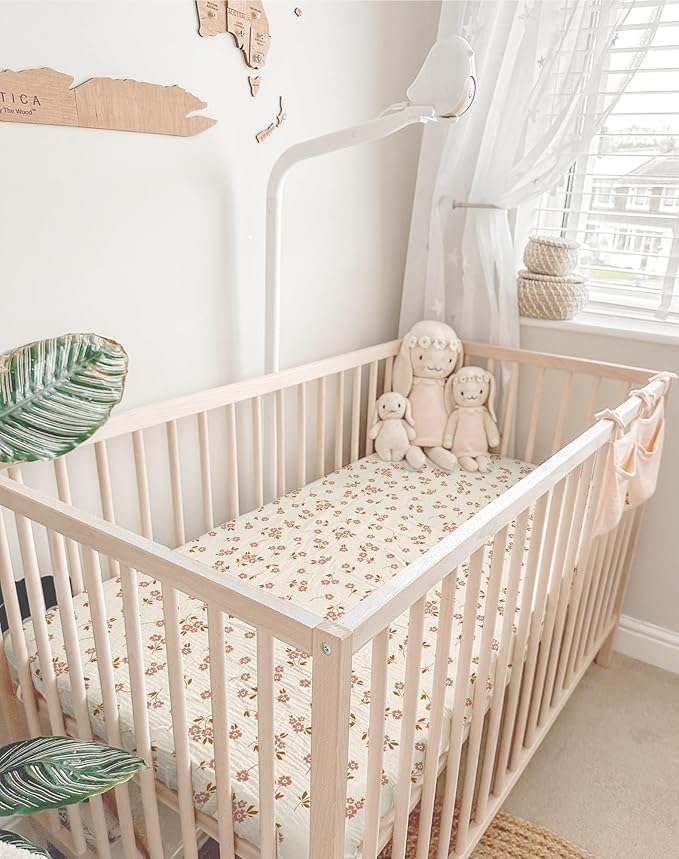 Crib Sheets for Baby Boy Girl 2 Pack, Fitted Crib Mattress Sheet 28" x 52", Muslin Toddler Bedding with Neutral Style, Nursery Bedding Essentials (Floral & Pink)