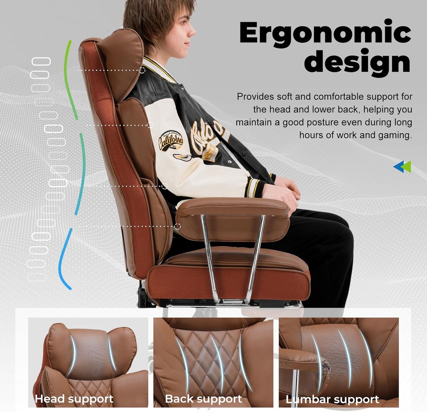 COMHOMA Big and Tall Office Chair, High Back Leather Gaming Chair with Footrest, Executive Ergonomic Office Chairs with Pocket Spring Lumbar Support and with Outward Fixed Soft Armrests