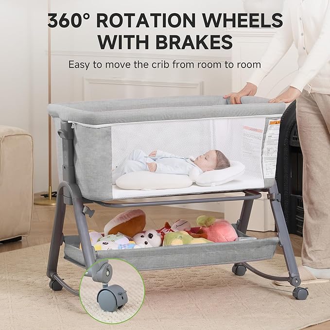 Real Relax Baby Bassinet Bedside Sleeper, 3 in 1 Bedside Rocking Bassinet for Baby with 6 Adjustable Height, Breathable Mesh Sides & Mattress, Storage Basket, Mosquito Nets, Easy to Fold, Grey
