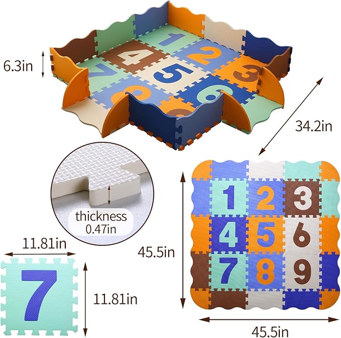 Coolcandy Baby Play Mat, 25Pcs Interlocking Puzzle Floor Mat, with Safety Fence - 0.4" Thick Non-Toxic EVA Foam Play Mat, Soft Puzzle Tiles for Play Areas