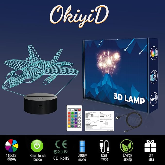 Airplane Model Gifts for Boys Men Pilot,16 Colors 3D Airplane Night Light for Aviation Lovers Room Decor,F-22 Raptor Vehicle Flighter Jet Plane 3D Illusion Lamp for Kids Xmas Gifts