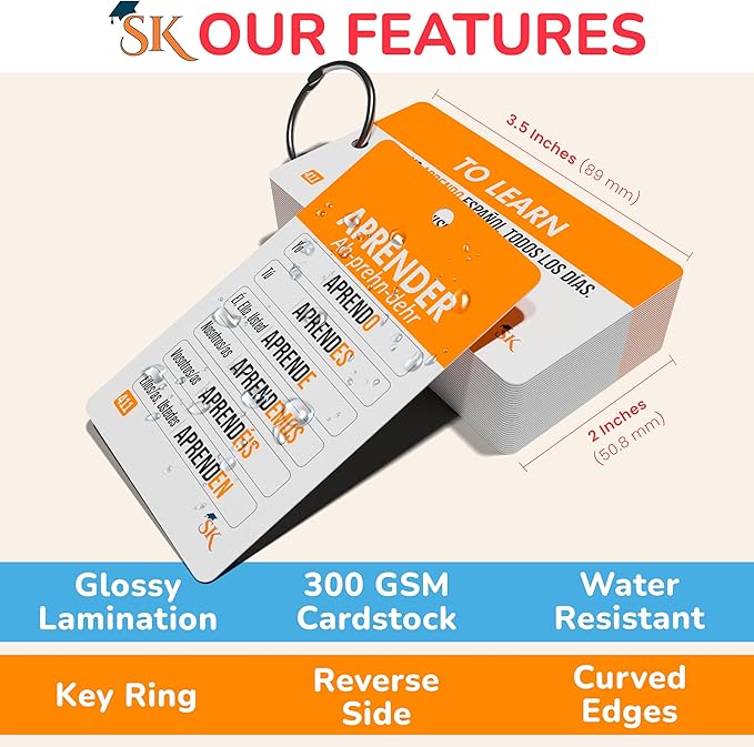 500+ Spanish Vocabulary Flash Cards for Adults & Kids Ages 15+ - Verb Conjugation, Nouns, Adjectives & Phrases to Learn Spanish for Adult Beginners Flashcards