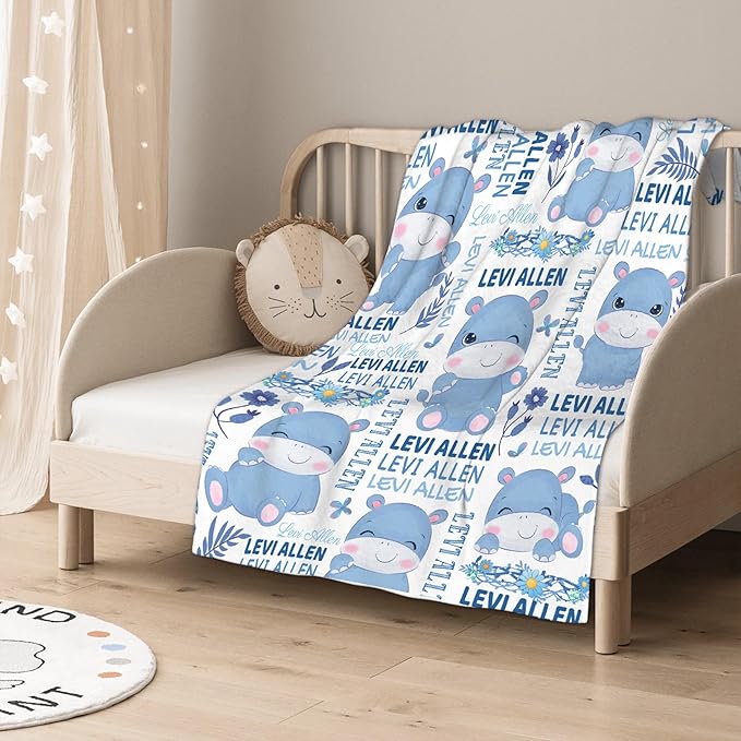 Personalized Baby Blanket for Girls Boys Kids Hippo Custom Baby Blanket with Name Throw Birthday Gift for Toddlers Infants Shower Newborns Nursery Stroller Crib Bed Decor