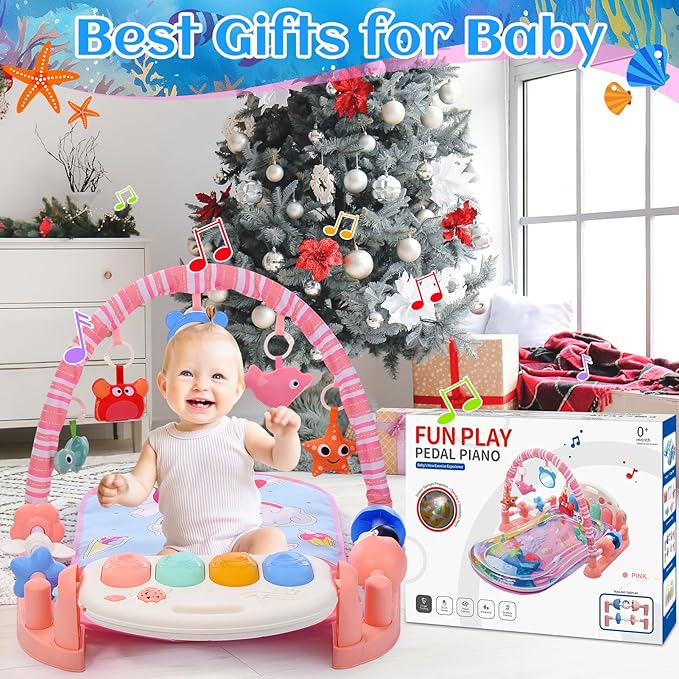 Baby Gyms Play Mats with Tummy Time Water Mat, Baby Activity Mat Play Piano Gym with 5 Sensory Toys for Babies, Music and Lights Boy & Girl Gifts for Infant Newborn Babies 0-3 4-6 6-9 6-12 Months