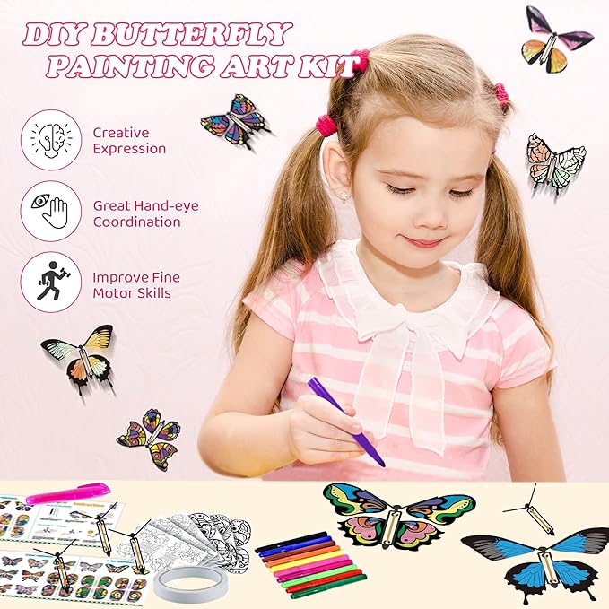 JOY SPOT! 28 Pack DIY Butterfly Craft Kit for Kids, 16 Paper Butterflies and 13 Color Pens, Make Your Own Rubber Band Wind Up Butterfly Toy, Perfect for Party Games, School Activities, Surprise Cards
