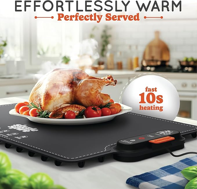Electric Warming Tray, Rollable Silicone Warming Pad for Food with 4 Temperature Settings, auto Shut-Off, Great Food Warmer Mat for Parties, Buffets, Gatherings and Everyday Use - Black