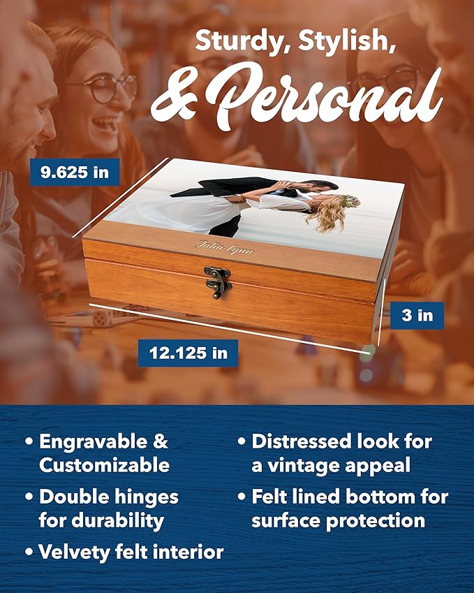 WE Games Wooden Memory Box for Keepsakes – Vintage Decorative Storage Box with Lid - Light Cherry Finish with Image Color Print