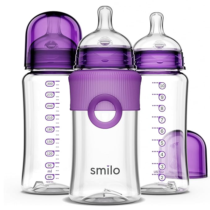 Smilo Baby Bottle Set with Stage 0 Slow Flow Anti Colic Nipple, 10 Oz / 300 ml Capacity, 3X Pack of Anti Colic Baby Bottles 0-3 Months - Plum Purple