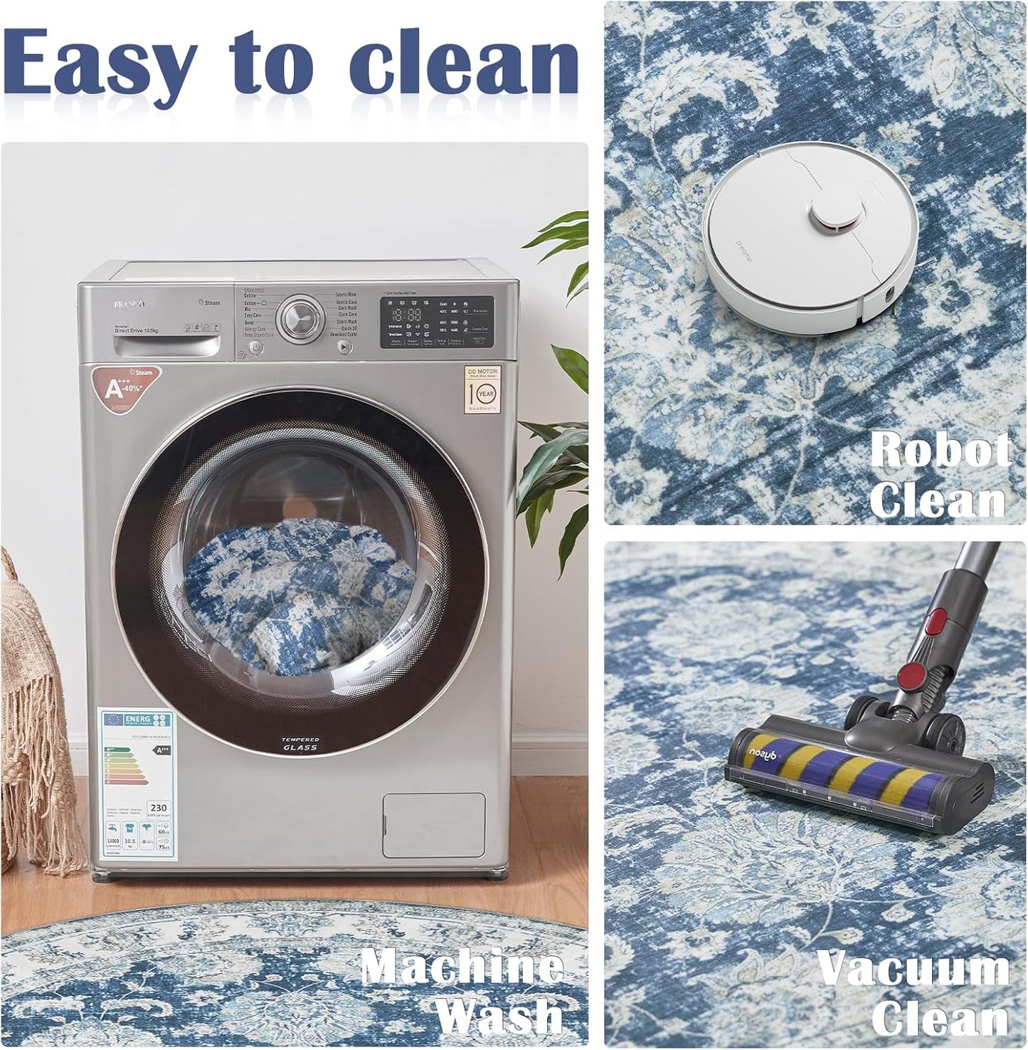 jinchan Round Rug 4ft Area Rug - Indoor Vintage Hallway Circle 4' Washable - Ultra-Thin Low Pile Soft Small Non Slip Distressed Floral Print for Living Room Dining Room Bedroom Entryway Dark Blue