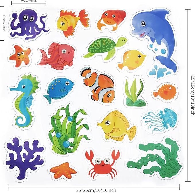 Tevxj Sea Animals 40pcs Thick Gel Clings, Multicolor Vinyl Decals for Kids, Reusable Window Stickers, Ocean Themed Party Supplies for Home, Car, Classroom, Nursery Decorations
