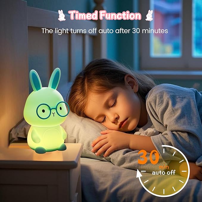 Bunny Night Light, Rabbit Lamp for Kids, Rechargeable LED Nightlight for Easter Gift,Silicone Bedside Lamp with Touch Color Changing,3 Levels Dimmable/Timmer Nursery Bedroom Light,Room Decor