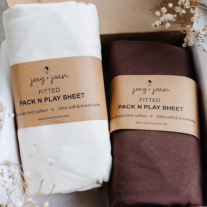 Pack and Play Sheets Fitted – Compatible with 4moms Breeze Plus Playard and Other Large Playpen Mattress – Snuggly Soft 100% Jersey Cotton – Cream + Brown – 2 Pack