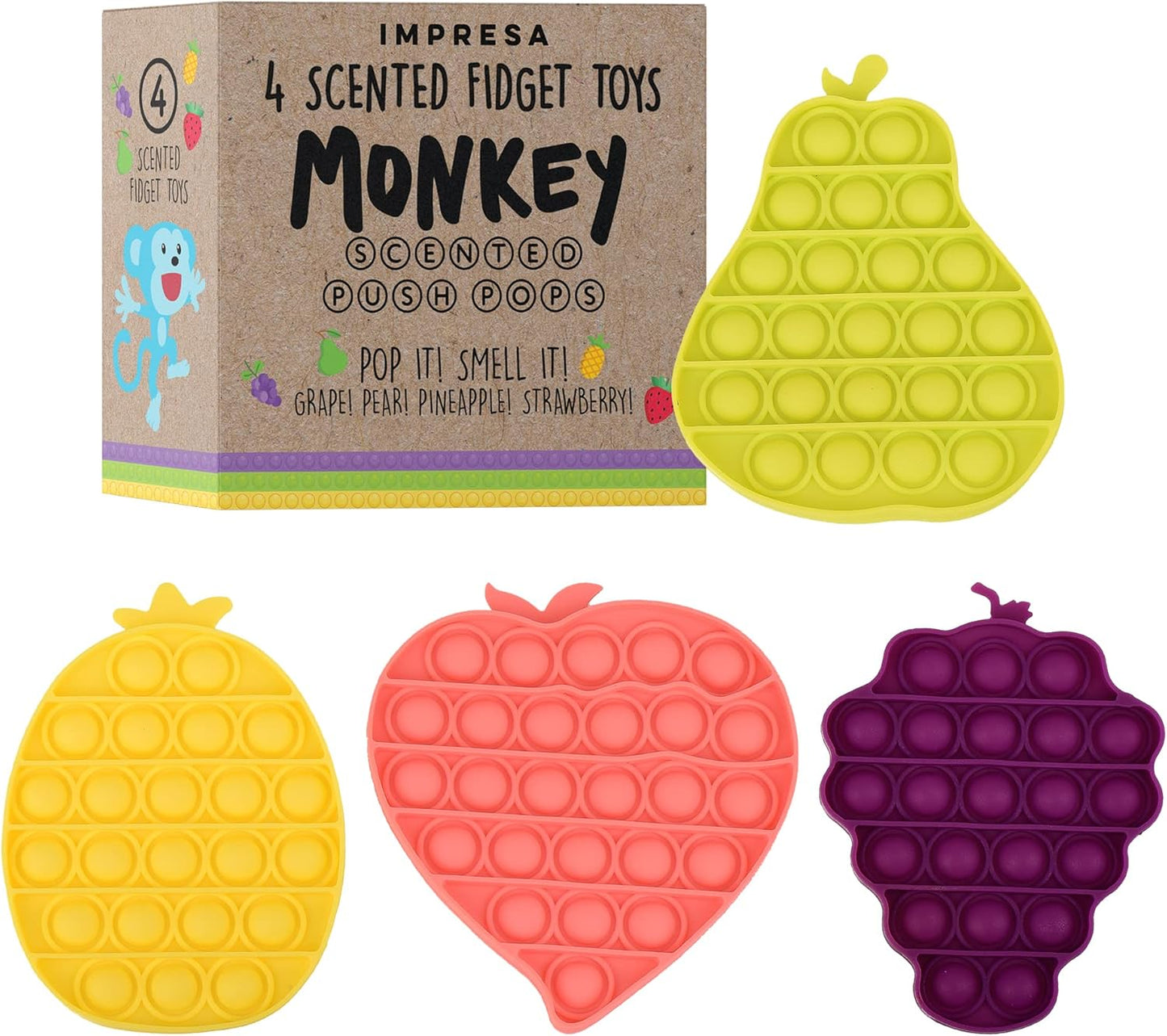 IMPRESA 4-Pack Fruit Scented Monkey Push Pop Sensory Toys for Kids & Adults to Help Reduce Anxiety - Scented Pop it Fidget Toy Promotes Improved Focus - Bubble Toys Make a Satisfying Pop Sound