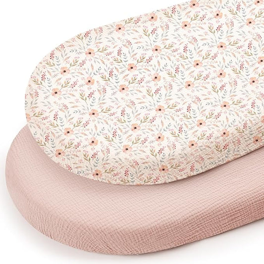 lulumoon Baby Muslin Bassinet Sheets: Skin-Friendly Floral Bassinet Sheets for Girls - Fitted for Oval Rectangle or Hourglass Mattress