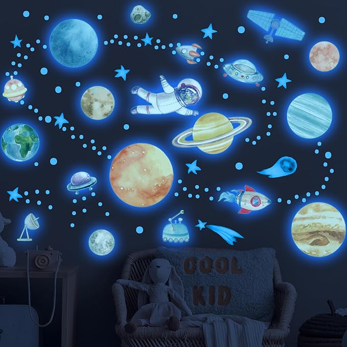 Watercolor Solar System Wall Decals, Glow in The Dark Stars, Kids Planets Sticker for Ceiling, Astronaut Wall Stickers for Bedroom, Blue