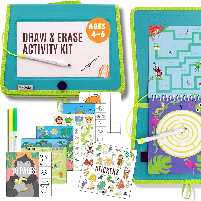 Totebook Kids Travel Educational Activity Book with Washable Markers - Car and Airplane Activities, Learning Toys for Toddlers- Search and Find, Reusable Stickers for Ages 4, 5, 6 (Jungle)