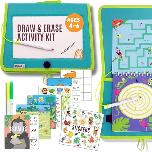 Totebook Kids Travel Educational Activity Book with Washable Markers - Car and Airplane Activities, Learning Toys for Toddlers- Search and Find, Reusable Stickers for Ages 4, 5, 6 (Jungle)