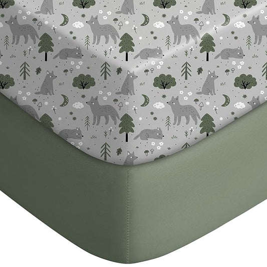 Yoofoss Pack and Play Sheets Fitted, Mini Crib Sheets 2-Pack for Pack N Play Mattress, Stretchy Playard Sheet, Soft and Breathable Gray-Green+Fox