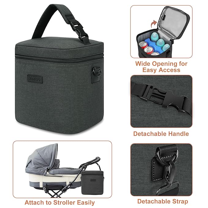 Mancro Breastmilk Cooler Bag with Ice Pack, Insulated Bottle Bag for 6 Baby Bottles (Up to 9 Ounce) with Shoulder Strap for Nursing Moms on The Go or Daycare, Dark Grey