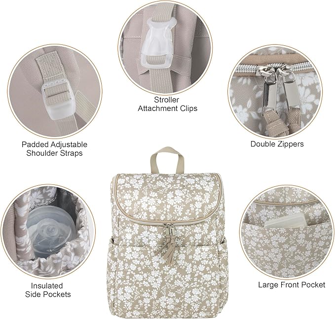 Multi-Function Floral Diaper Backpack and Travel Nappy Baby Bag with Changing Pad and Stroller Straps (Brown Bouquet)